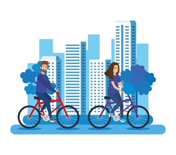 Young couple in bicycles avatars characters — Stock Vector