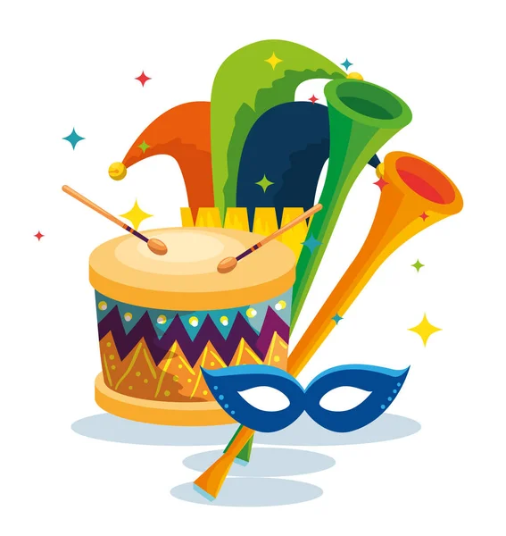 Tambour traditionnel avec décoration masque et chapeau joker — Image vectorielle