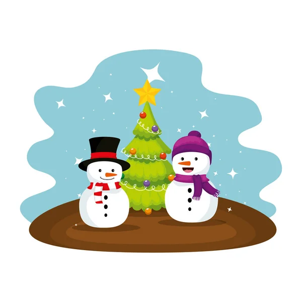 Милые снеговики с персонажами рождественских елок — стоковый вектор