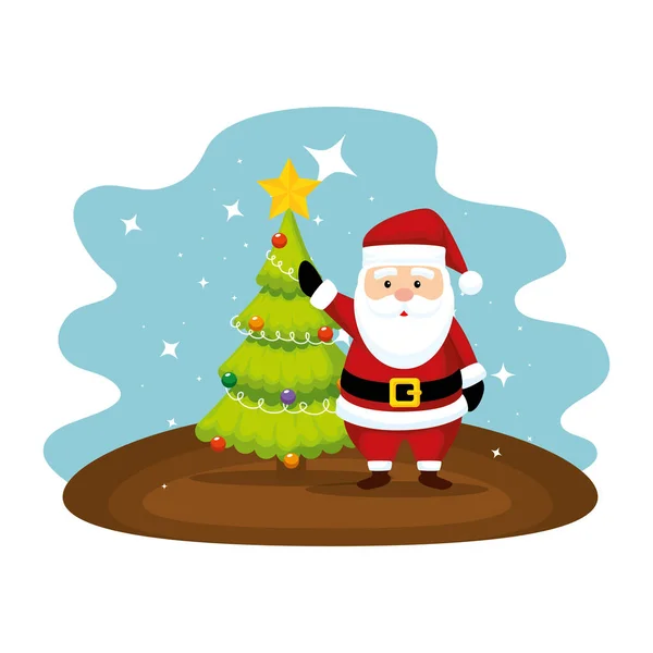 Mignon Père Noël claus avec arbre de Noël caractère — Image vectorielle