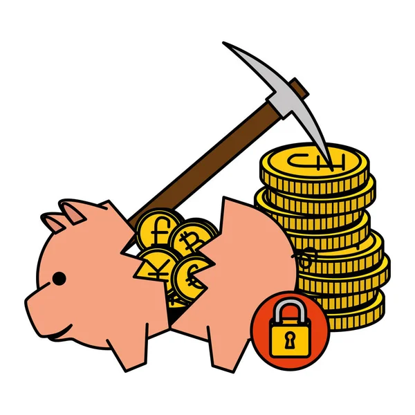 Oszczędności Piggy z zestawem monet komercyjnych — Wektor stockowy