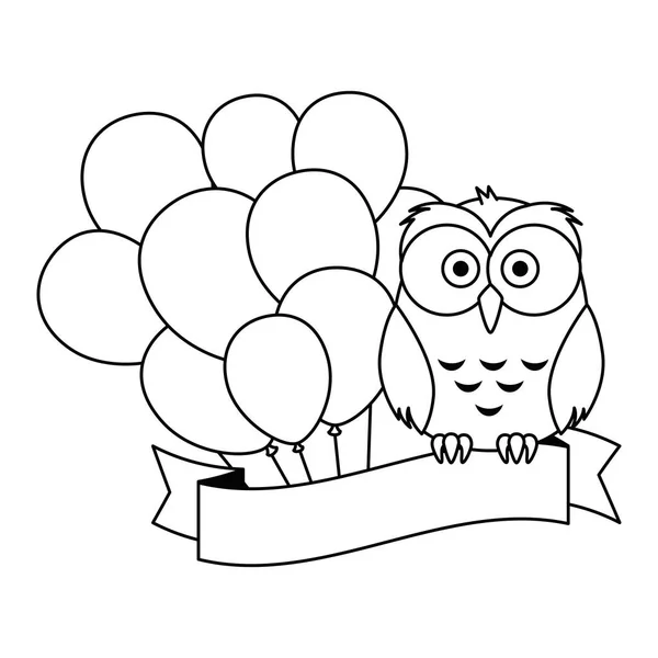 Lindo y adorable búho con globos helio — Vector de stock