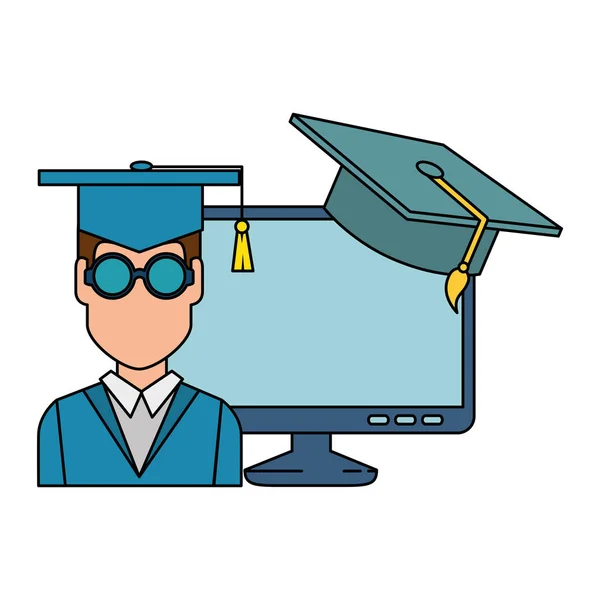 Graduação estudante com computador e chapéu —  Vetores de Stock