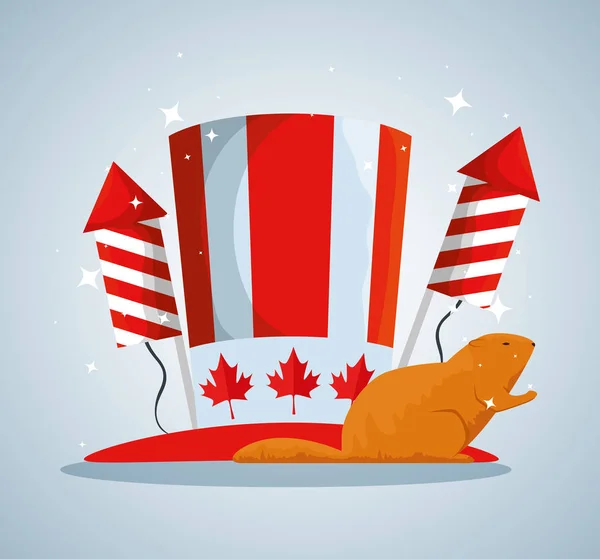 Cappello patriottico con fuochi d'artificio e castoro in Canada vacanza — Vettoriale Stock