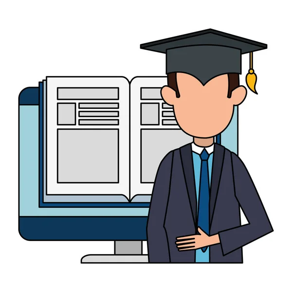 Estudante formado com computador e ebook —  Vetores de Stock