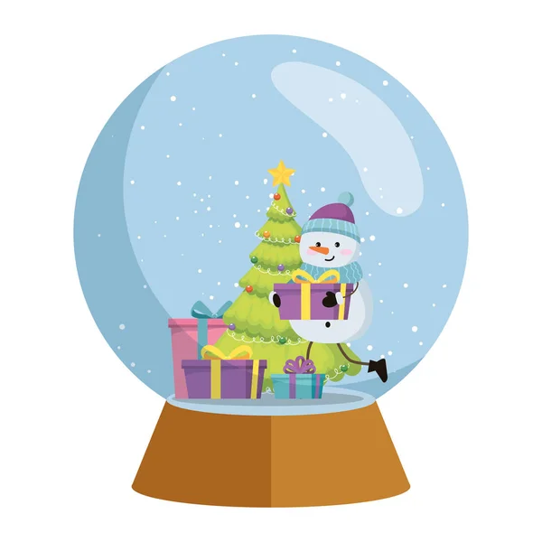 Carino pupazzo di neve in sfera di neve Natale — Vettoriale Stock