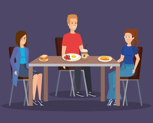 Personnes mangeant des gaufres avec sanwich et oeuf frit — Image vectorielle