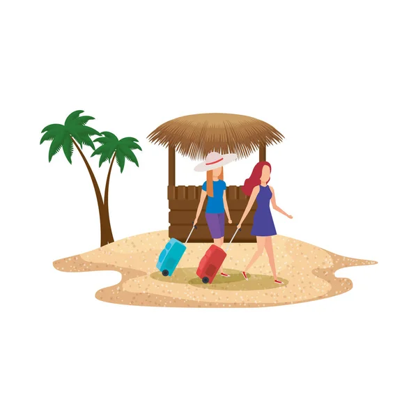 美丽的游客女孩与手提箱在海滩上 — 图库矢量图片
