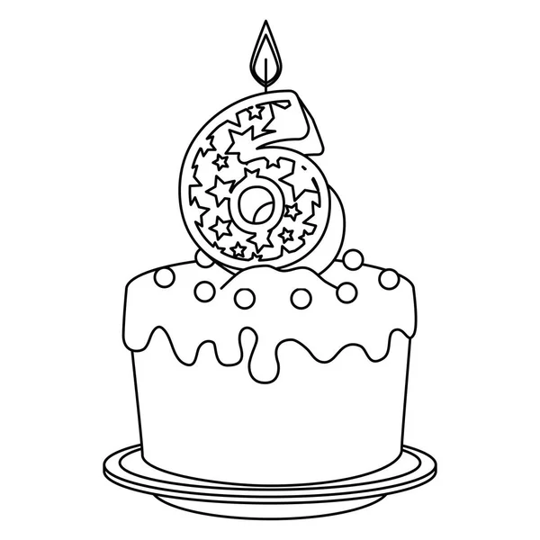 Lindo número seis vela con dulce pastel — Archivo Imágenes Vectoriales