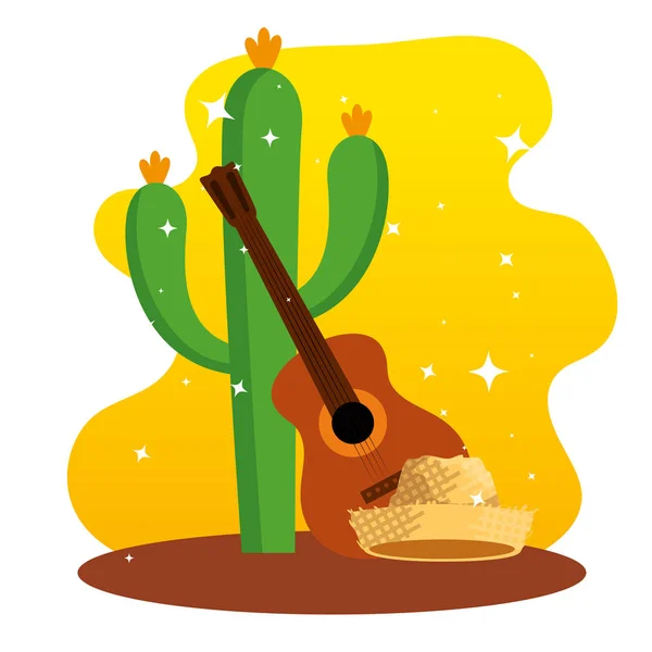 Cactus plants with guitar and hat decoration — Stock Vector
