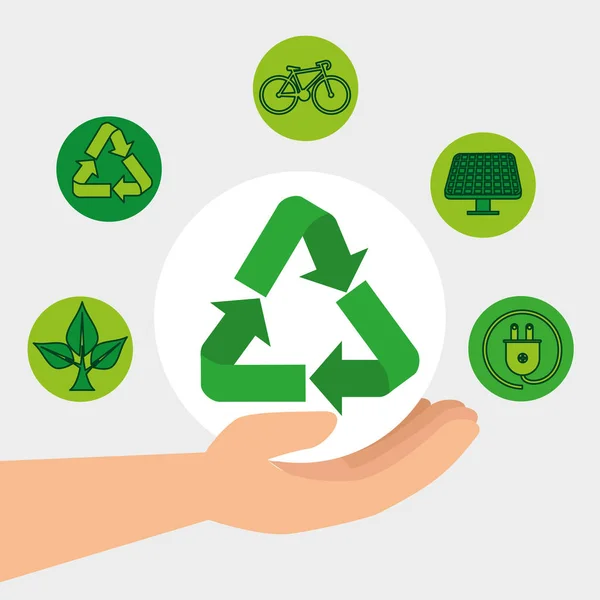 Main avec écologie recyclage et élément de conservation — Image vectorielle