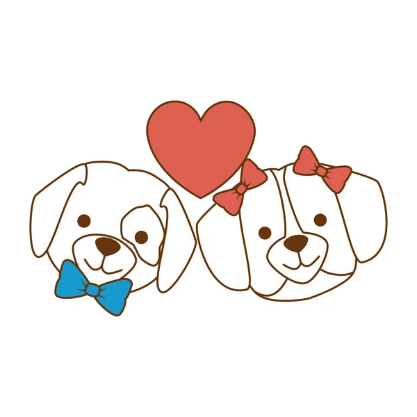 Lindo perros cabezas pareja amantes con corazones personajes — Archivo Imágenes Vectoriales