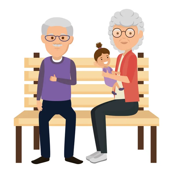 Abuelos pareja con nieta en silla de parque — Vector de stock