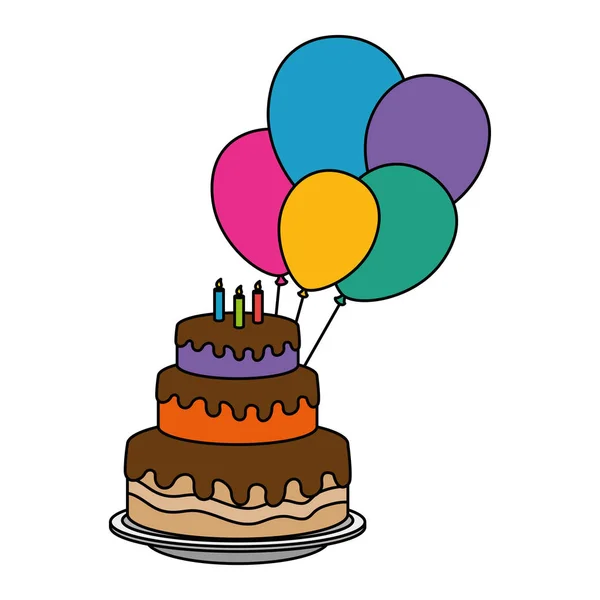 Delicioso pastel con velas y globos helio — Vector de stock