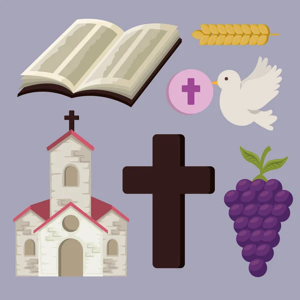 Set kerk met Bibble en kruis naar eerste communie — Stockvector