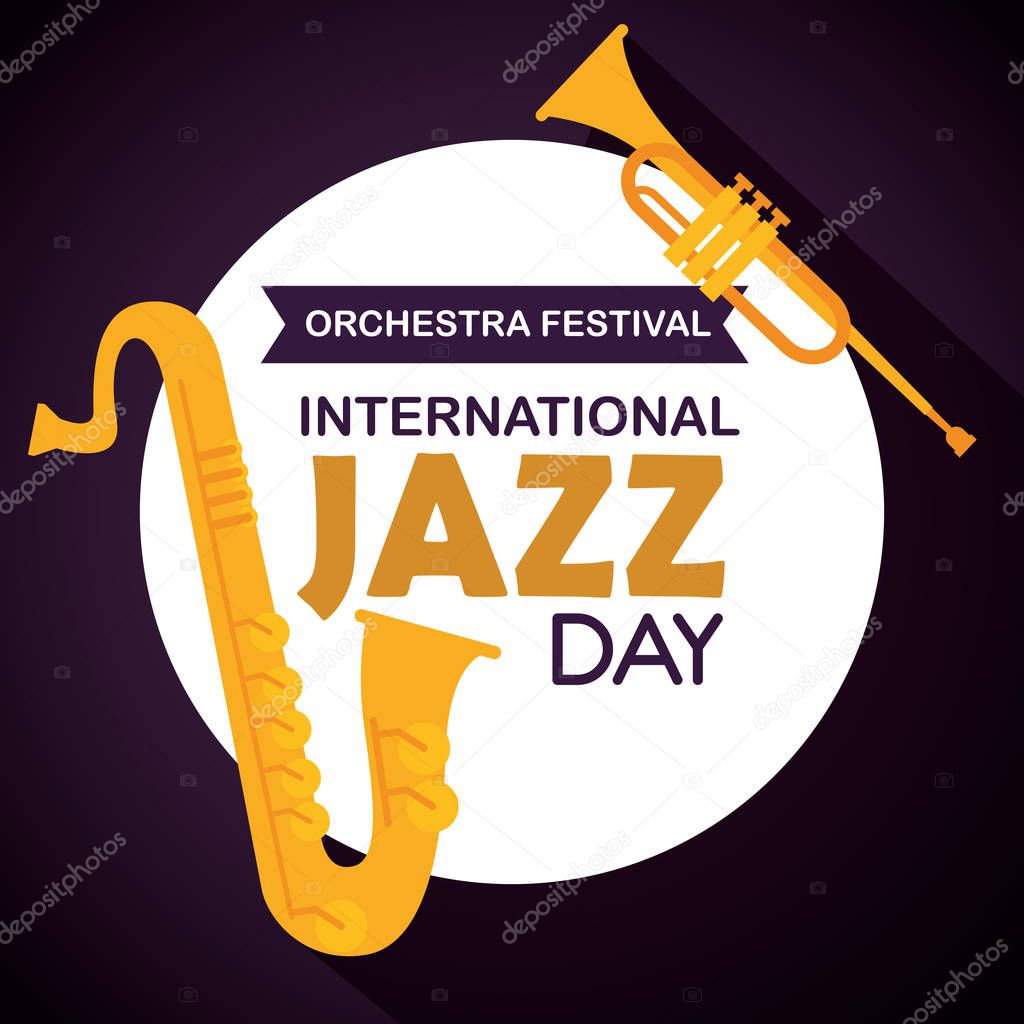 saxophone with trumpet and label to jazz day