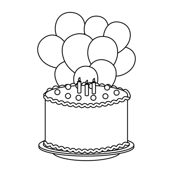 Вкусный торт со свечами и гелием из шариков — стоковый вектор