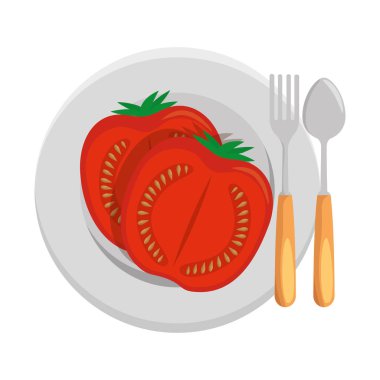 plaka ve çatal-bıçak sağlıklı gıda ile taze domates slayt