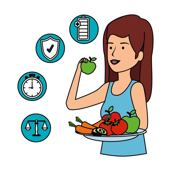 Kobieta jedząca zdrową żywność i zestaw ikon — Wektor stockowy