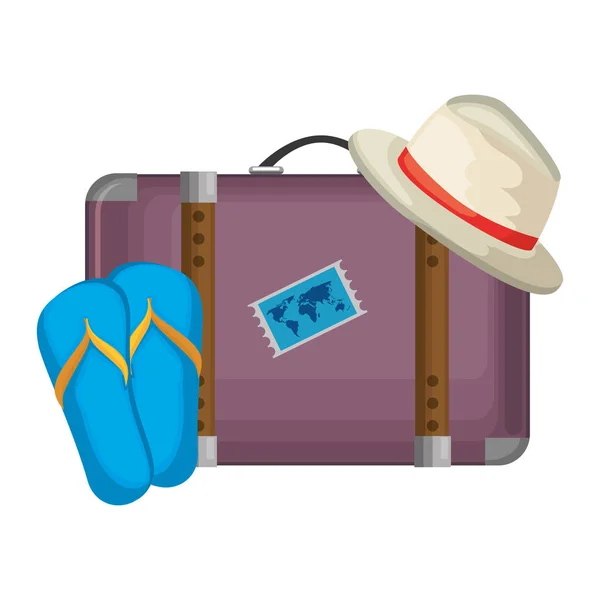 Mala de viagem com chapéu de verão e sandálias — Vetor de Stock