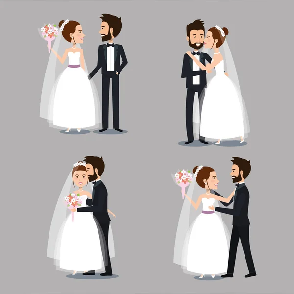 Novia y novio conjunto boda parejas romántico — Vector de stock