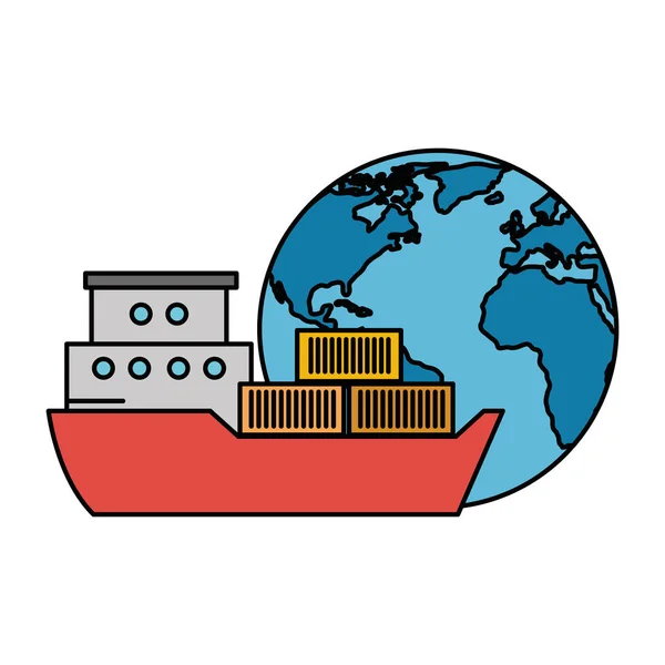 Welt Planet Erde mit Frachtschiff — Stockvektor