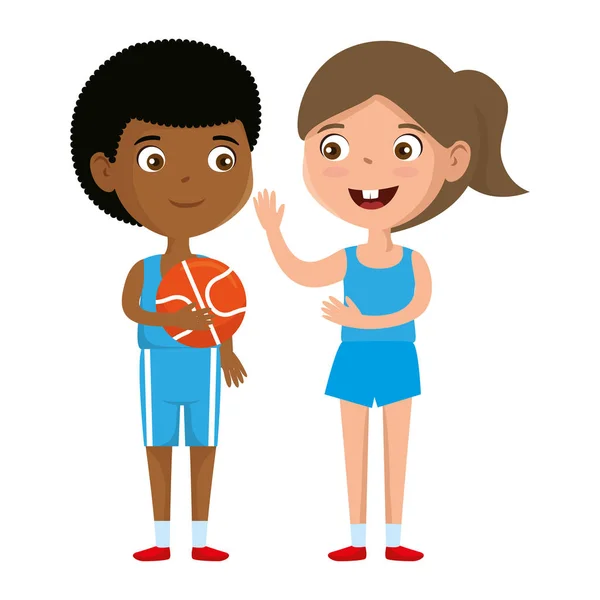Małe dzieci para grając w koszykówkę znaków — Wektor stockowy