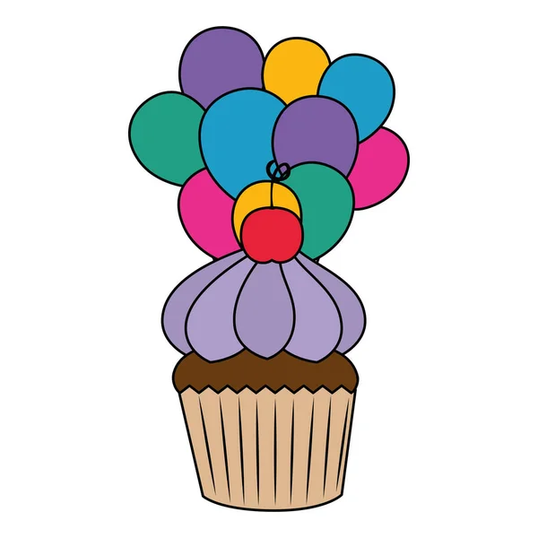 Pâtisserie au cupcake sucré avec ballons hélium — Image vectorielle