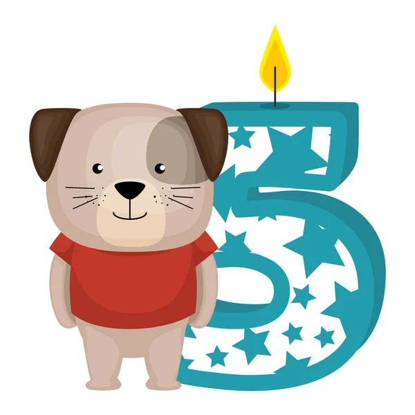 Bougie numéro cinq mignon avec personnage de chien — Image vectorielle