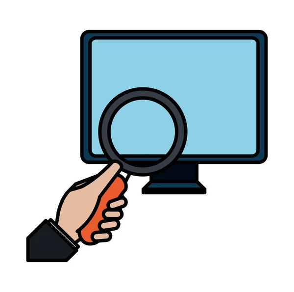 Computer desktop with magnifying glass — Stock Vector