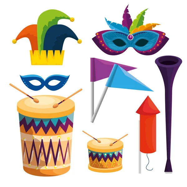 Conjunto de decoración de tradición de carnaval para la celebración del festival — Archivo Imágenes Vectoriales