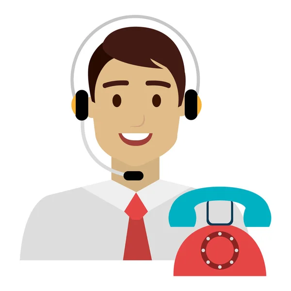 Agente de call center com fone de ouvido e telefone — Vetor de Stock