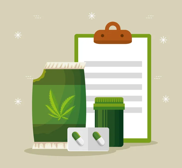 Táska cannabis magot gyógyszer tabletták üveg és ellenőrző lista — Stock Vector