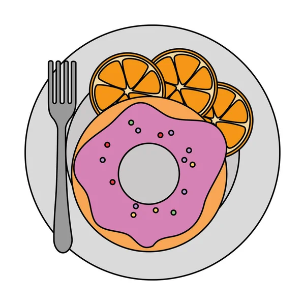 Donut doce em prato com laranjas —  Vetores de Stock