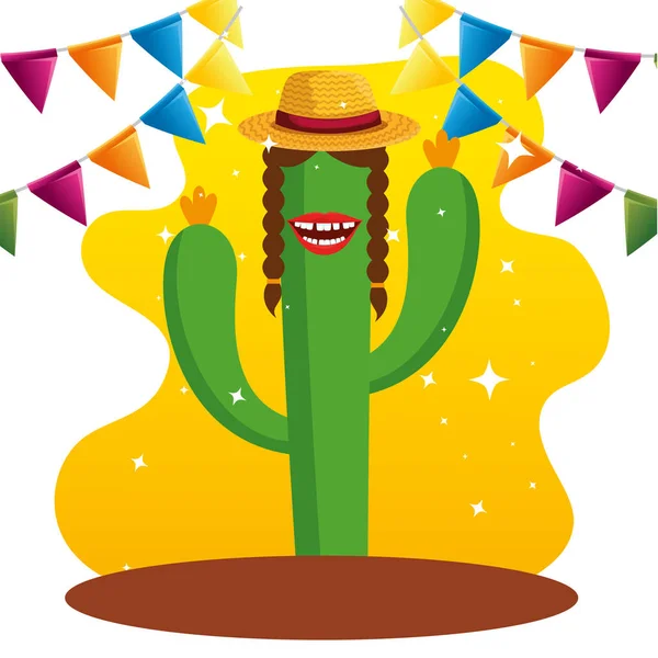 Plantas de cactus con sombrero y pancarta de fiesta — Vector de stock