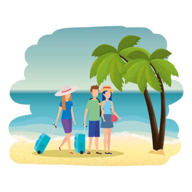 Kumsalda bavulları olan gençler.