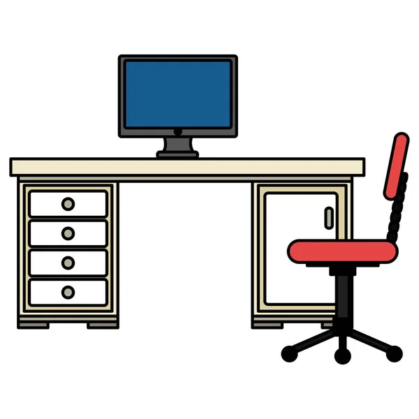 Escritório local de trabalho com mesa e desktop cena — Vetor de Stock