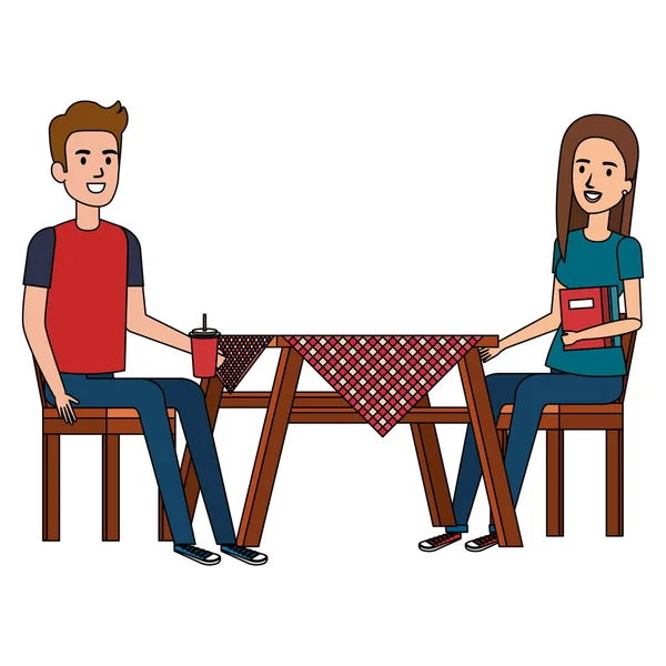 Tavolo da picnic con coppia di personaggi — Vettoriale Stock