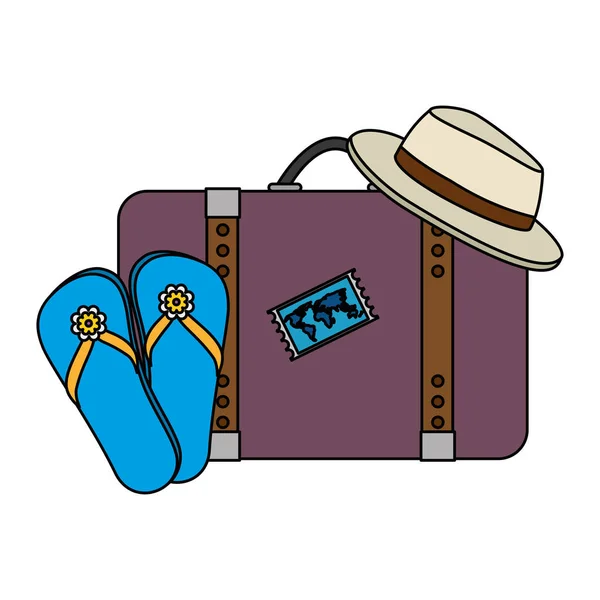 Kofferreisen mit Sommermütze und Sandalen — Stockvektor