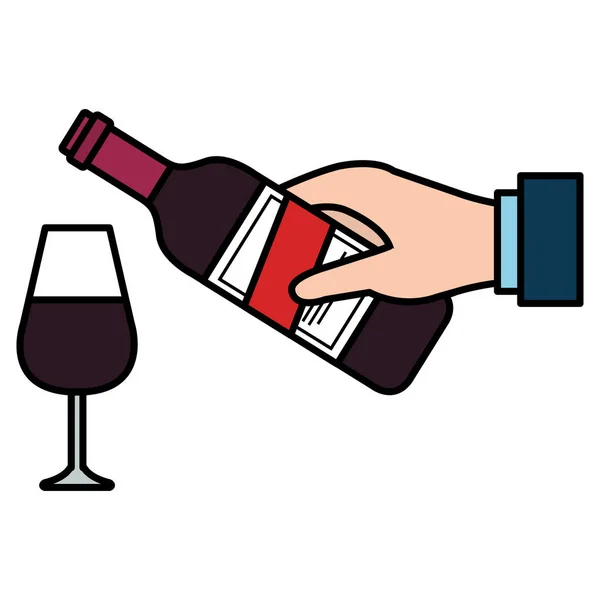 Mão com garrafa de vinho e copo — Vetor de Stock