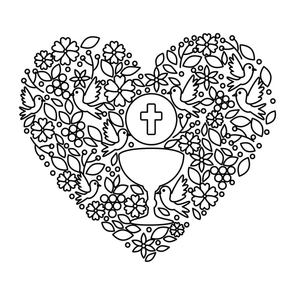 First communion in chalice with floral heart decoration — Stock Vector