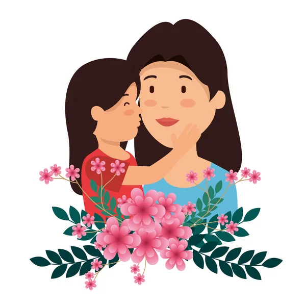 Mujer con su hija y flores plantas con hojas — Vector de stock