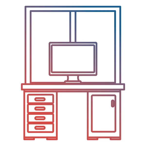 Oficina lugar de trabajo con escritorio y escena de escritorio — Archivo Imágenes Vectoriales