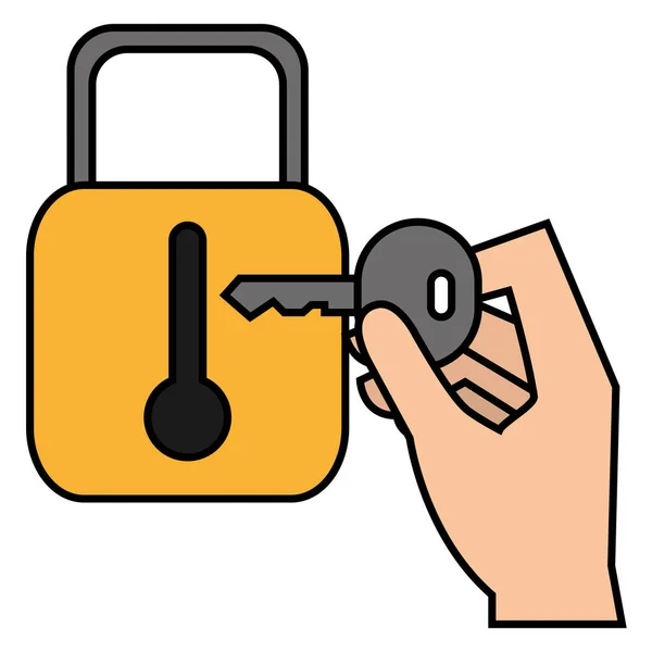 Hand with secure padlock and key — Stock Vector