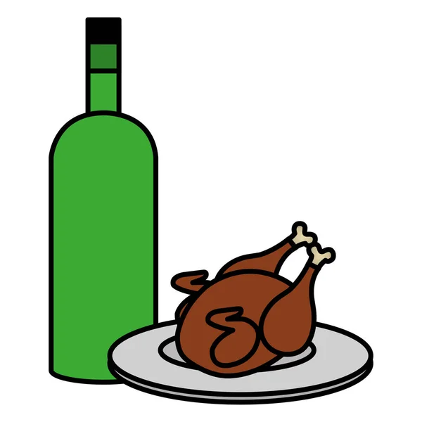 Délicieuse viande de poulet avec bouteille de vin — Image vectorielle