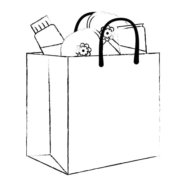 Bolsa de compras con cremas botellas y sandalias — Vector de stock