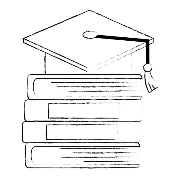 Apilar libros de texto con sombrero de graduación — Vector de stock