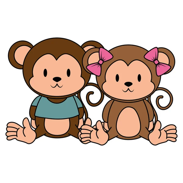 Cute and adorable monkeys couple characters — Stock Vector