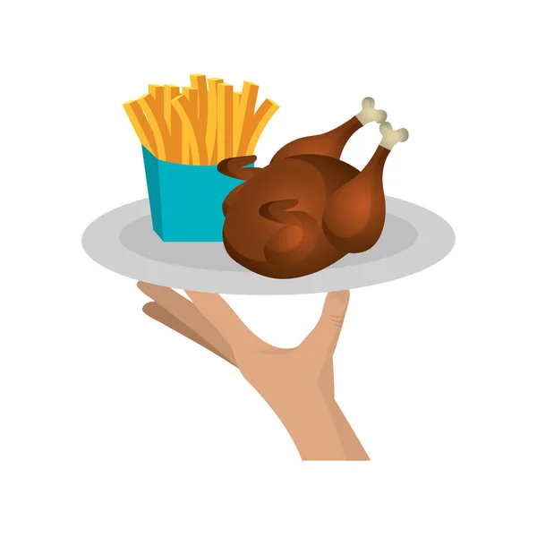 Bandeja elevadora de manos con pollo y papas fritas — Vector de stock