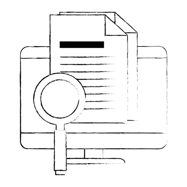 Escritorio del ordenador con lupa y documento — Archivo Imágenes Vectoriales